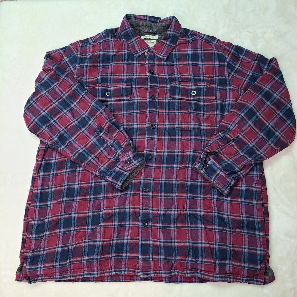 LL Bean Shacket Men's 2XL Fleece Lined Flannel Shirt Red Blue Plaid Warm Pockets